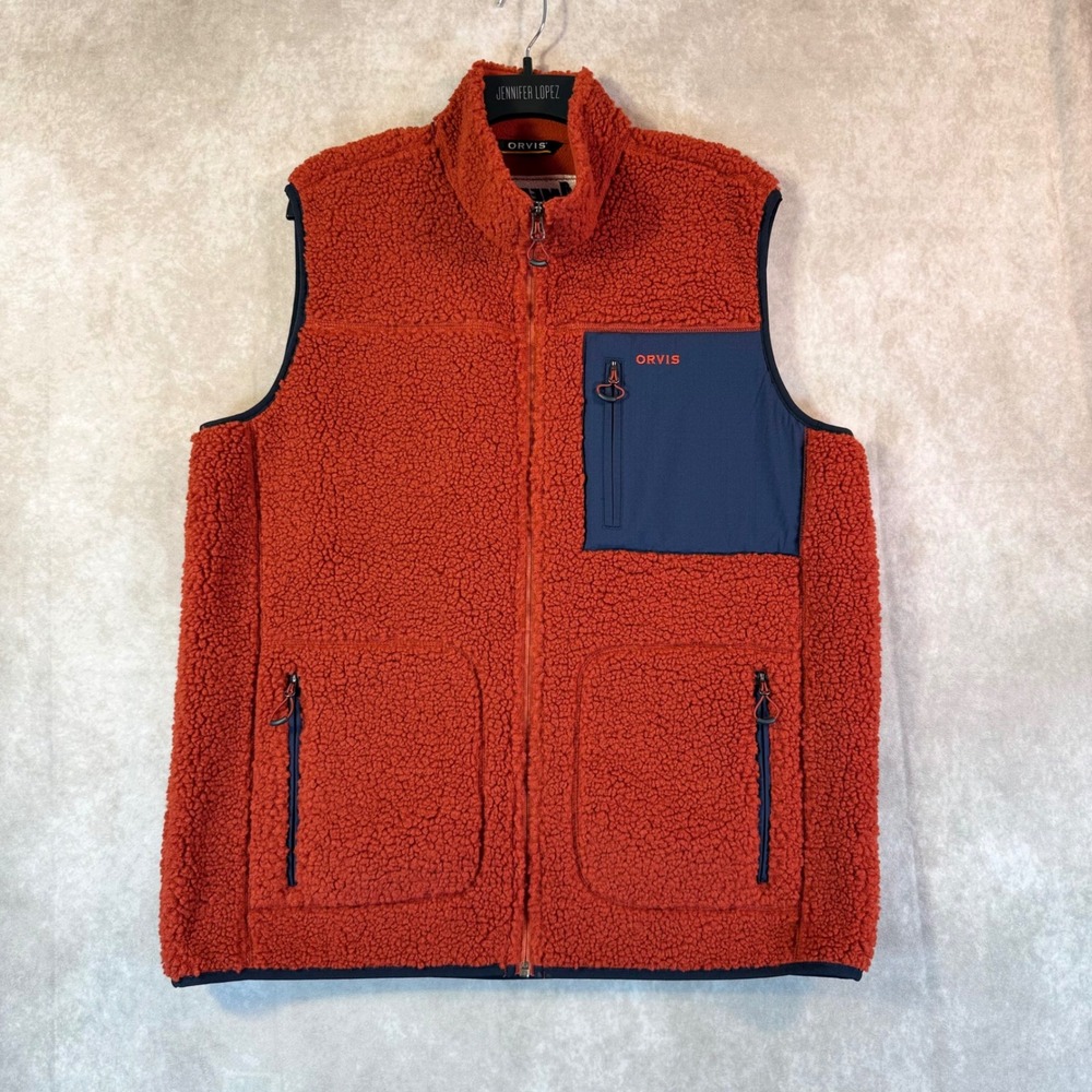 Orvis Sherpa Fleece Vest Men Large Burnt Orange Solid Full Zip Mock Neck Outdoor